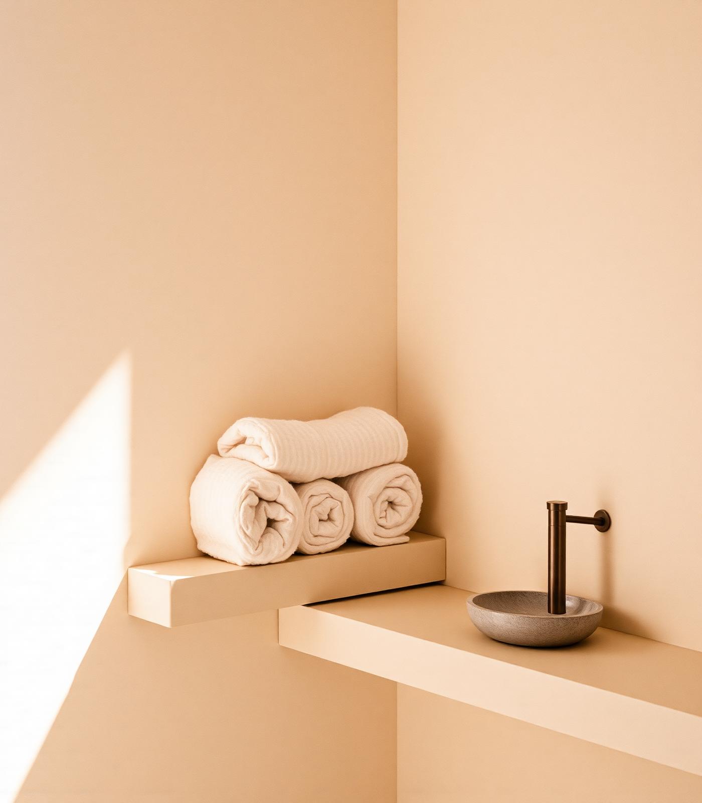 Rolled ivory towels on a travertine shelf in a minimalist bathroom