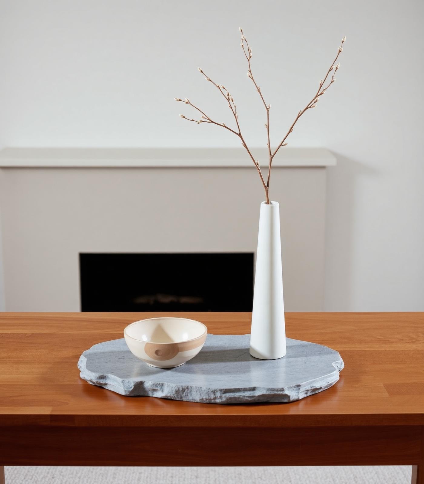 A tall ivory ceramic vase with a dried branch on a wooden console