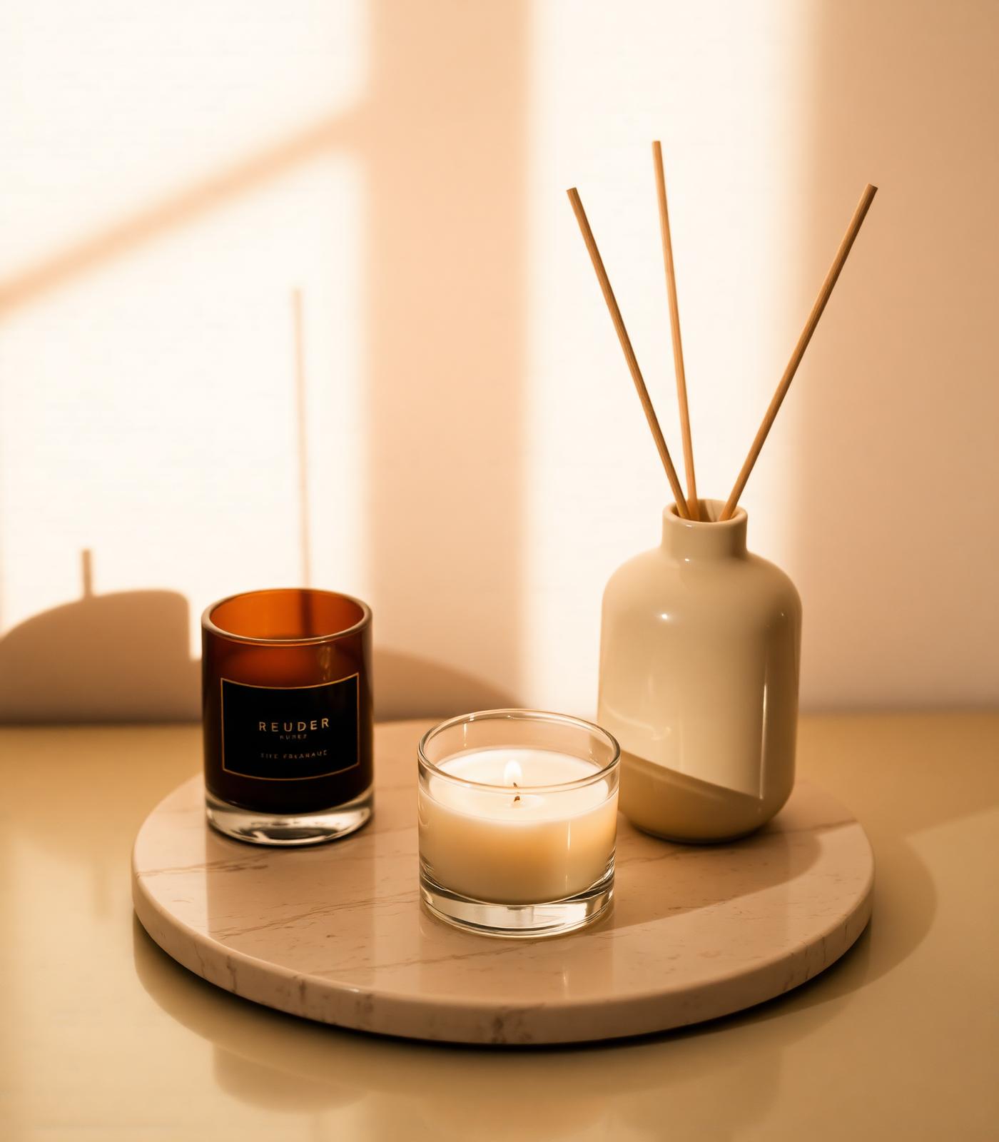An ivory candle and reed diffuser on a travertine tray