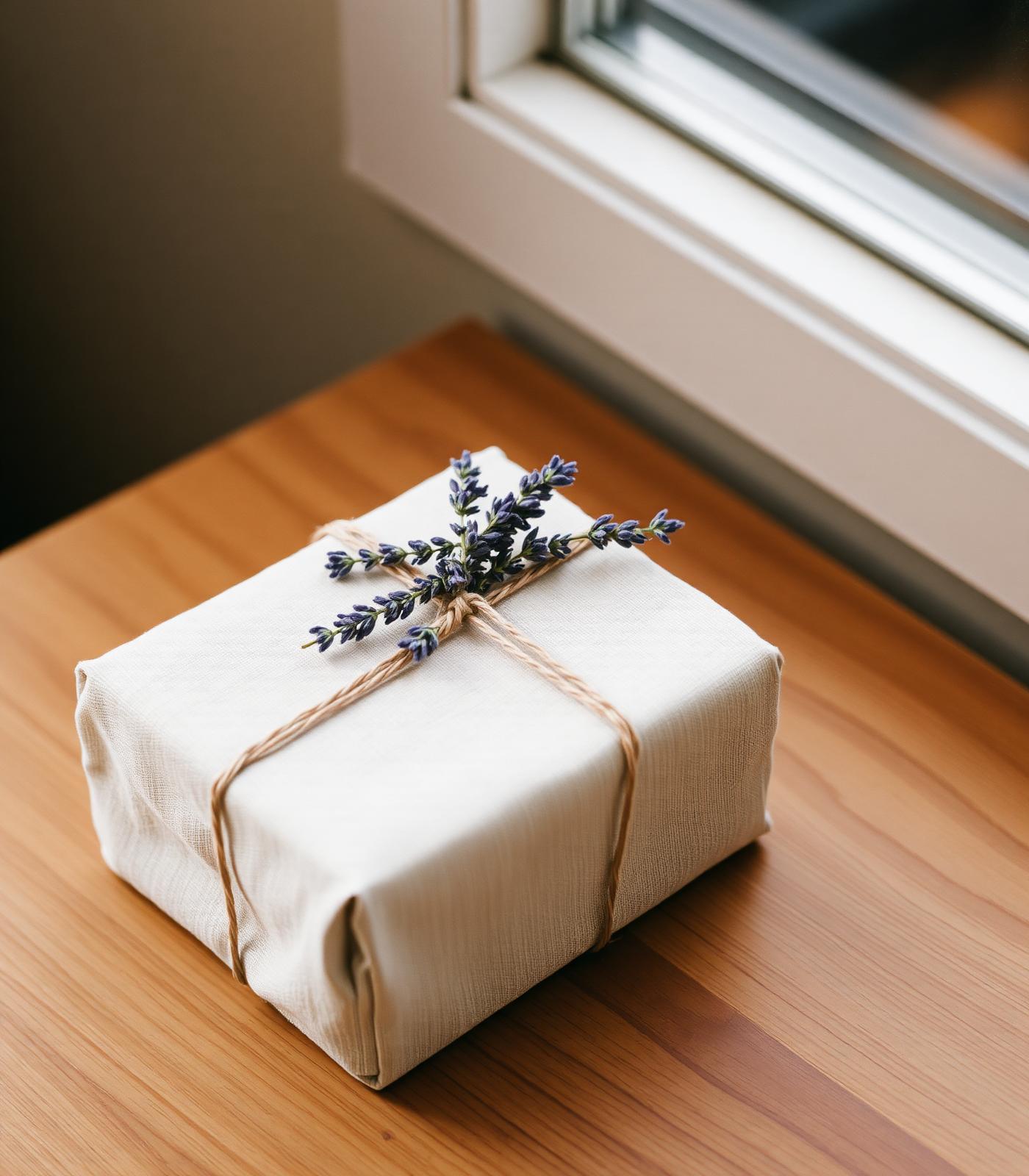 A linen-wrapped gift box with lavender on a warm oak surface