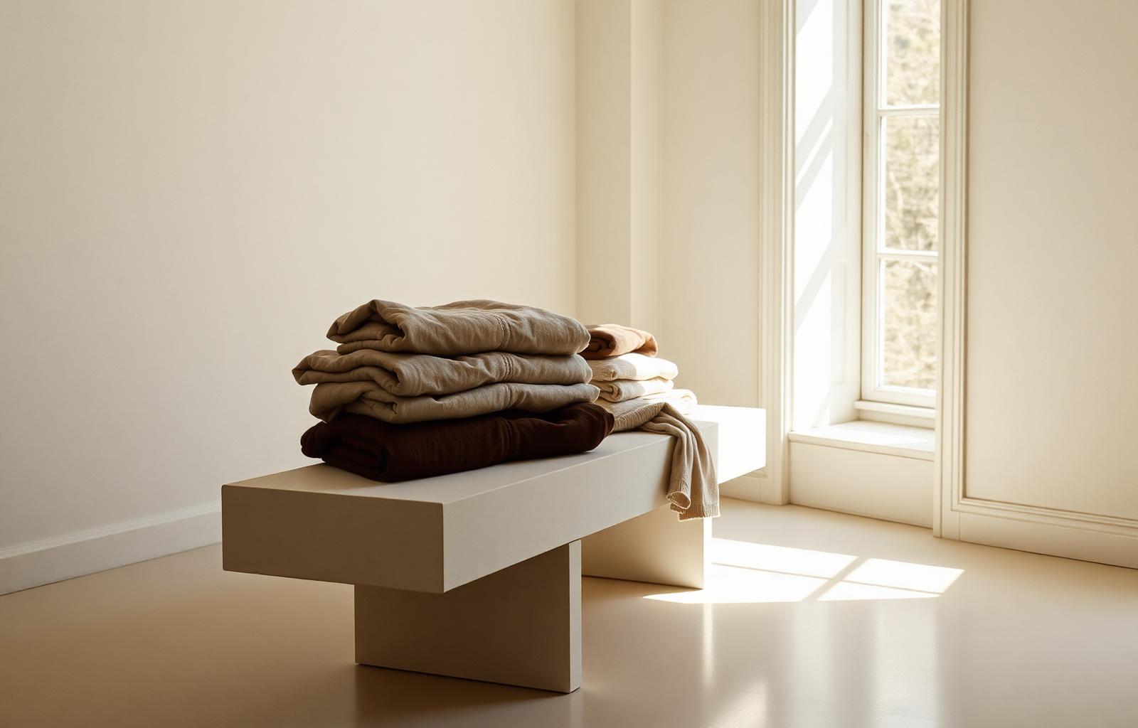A quiet ivory room with folded heavyweight garments on a plaster bench in warm morning light.