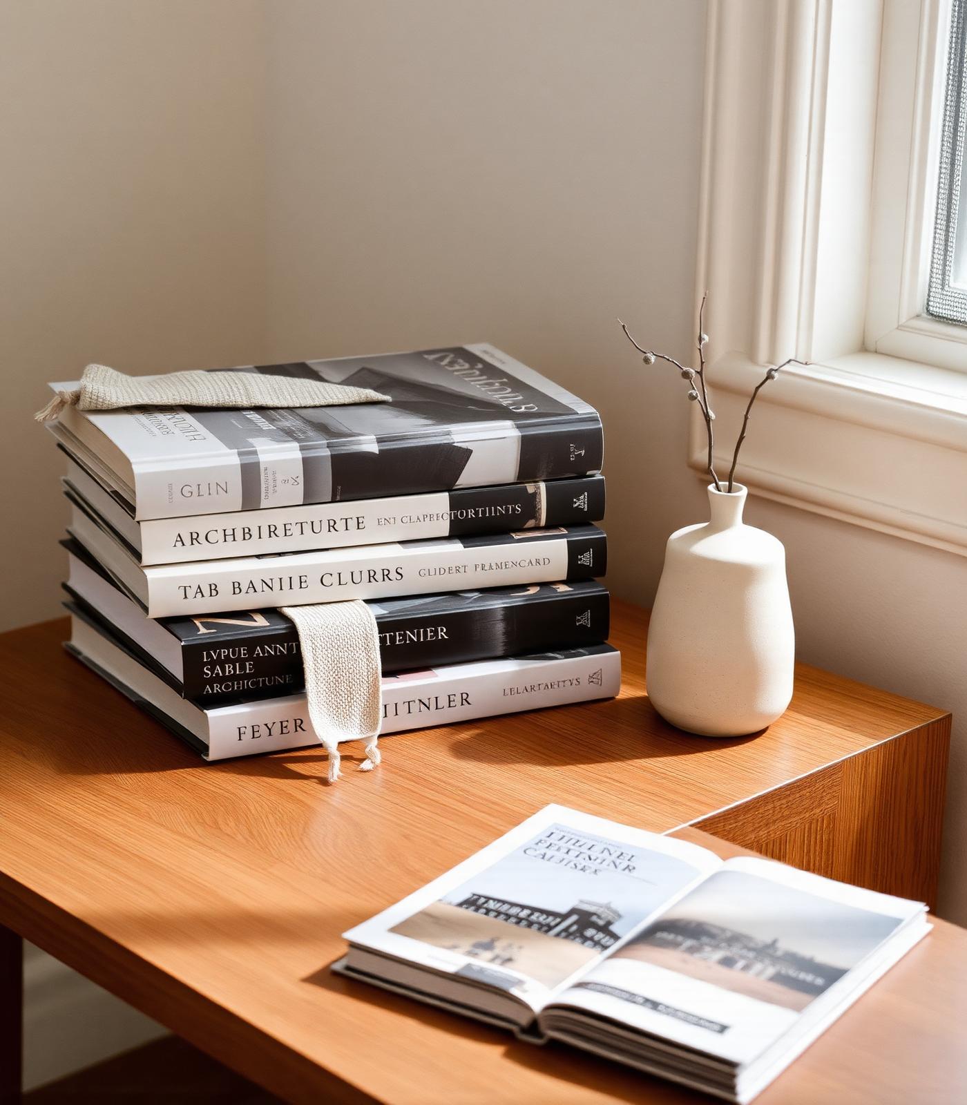 A stack of coffee table books on a warm oak side table