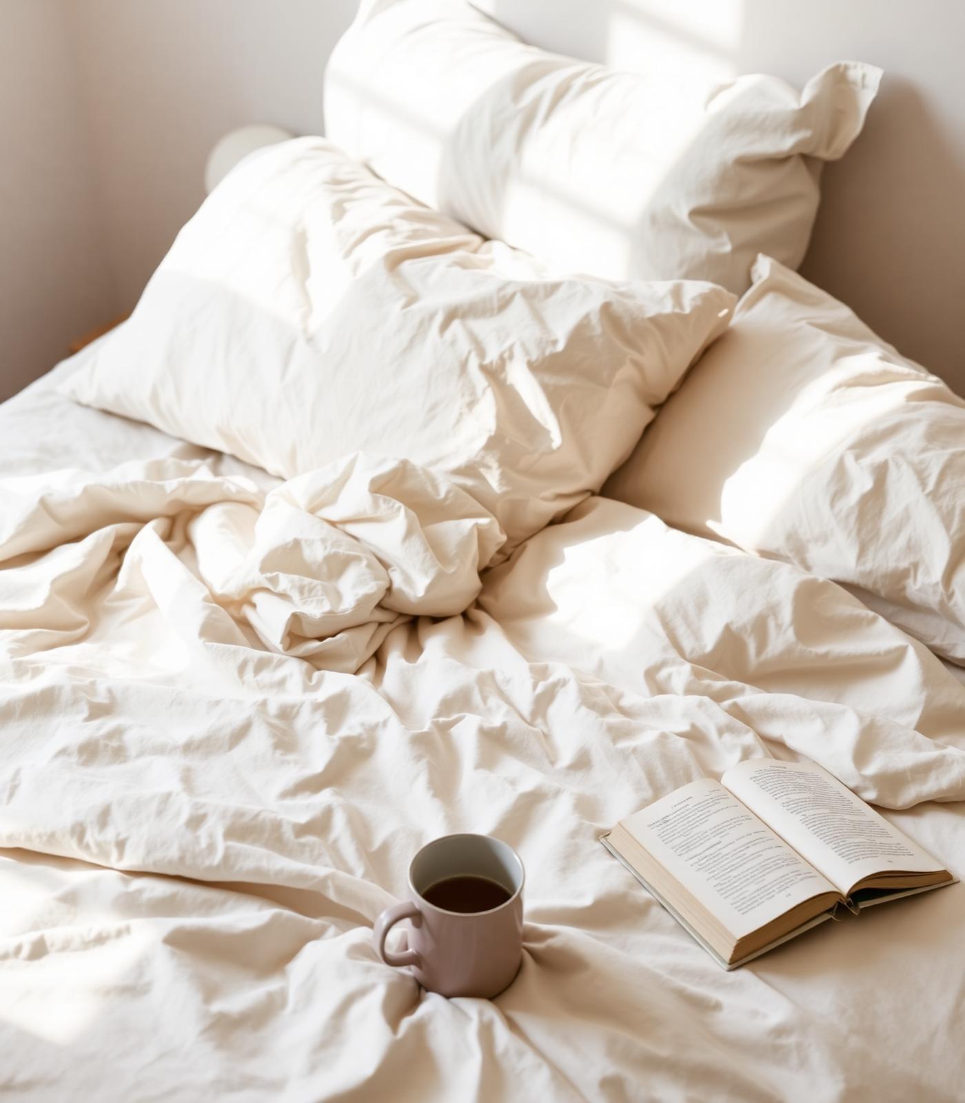 Unmade luxury bed in morning light with a coffee mug and open book