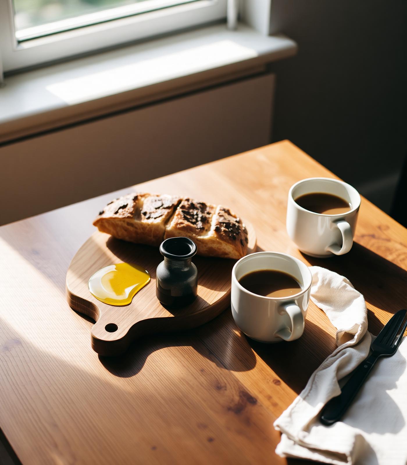 Breakfast for two on a warm oak table with bread and coffee