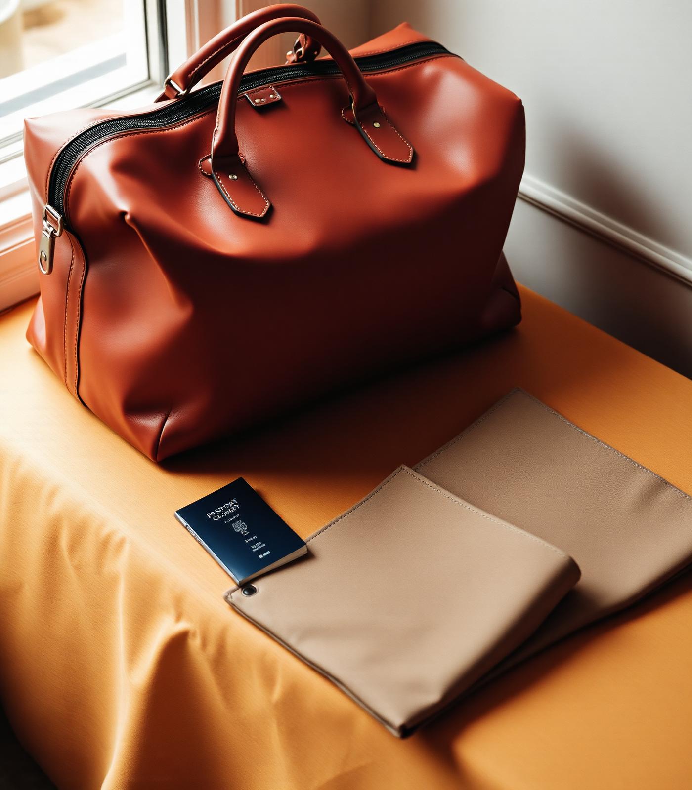 A leather weekender bag with passport and folded garment bag