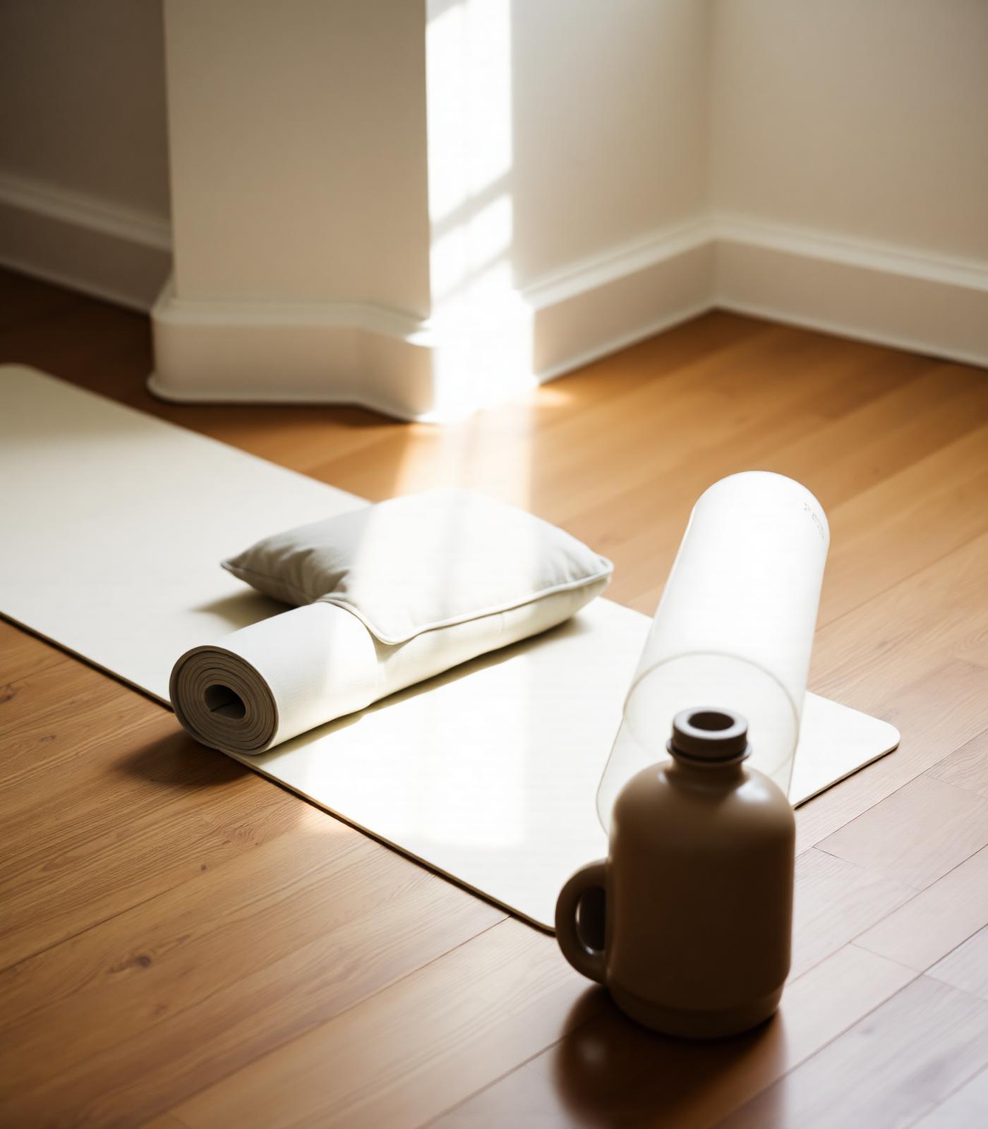 An ivory yoga mat and linen meditation cushion on warm oak floor