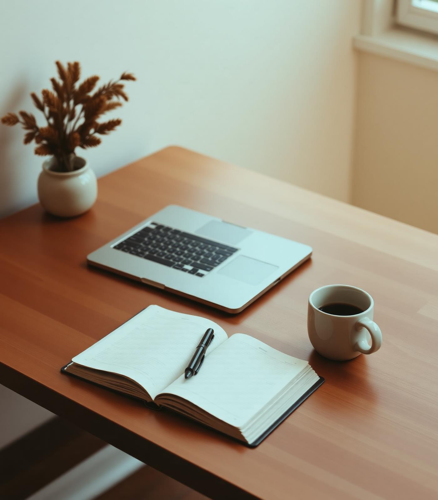 A quiet oak workspace with a laptop, journal and coffee mug