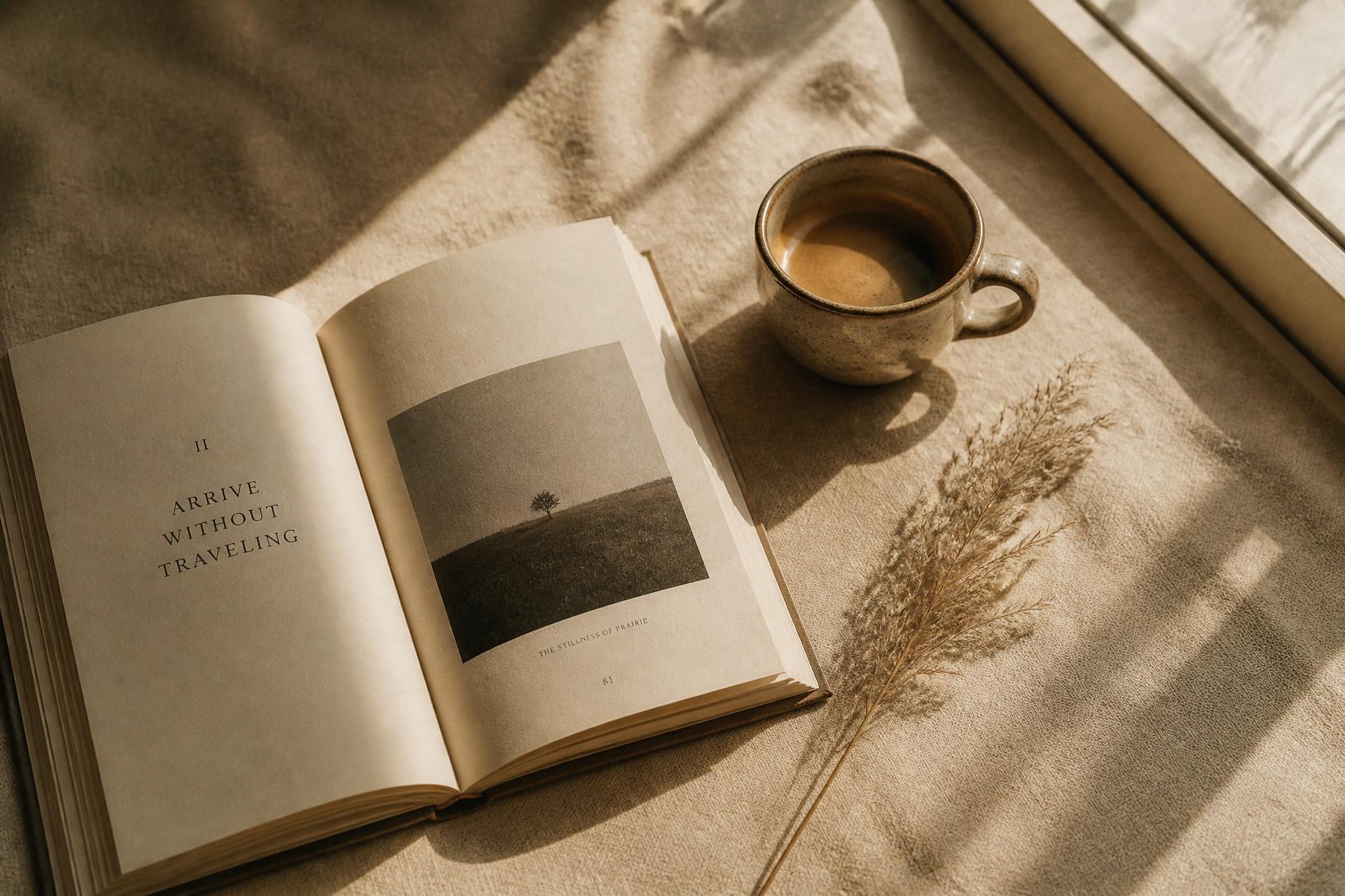 An open book, ceramic mug and dried grass in window light