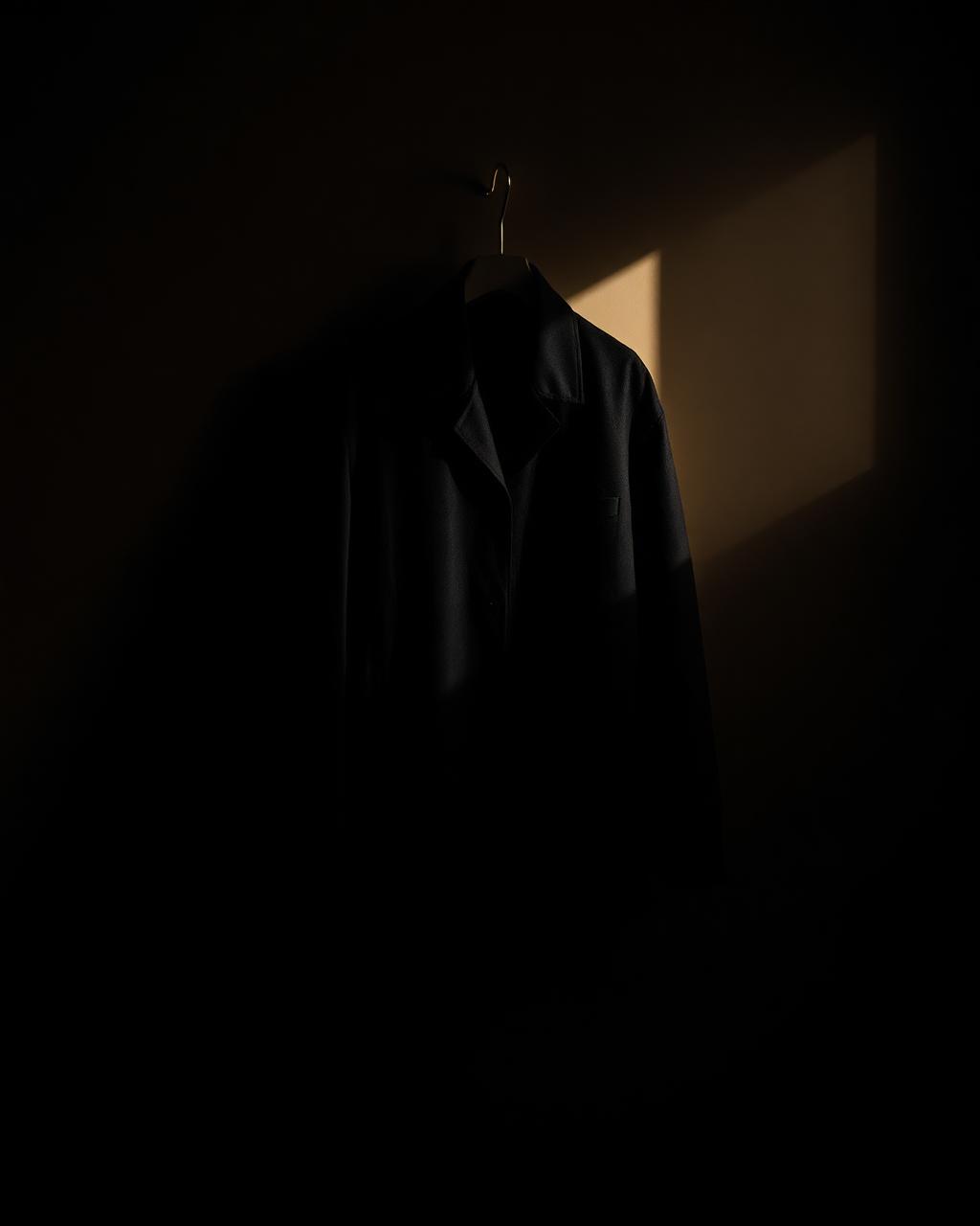 A dark wool overshirt hangs alone in low light.