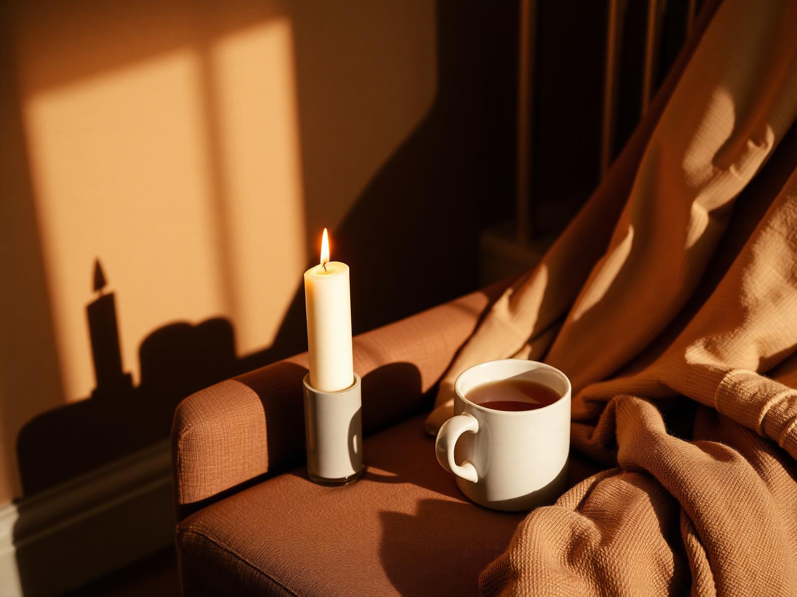 A lit candle beside a mug of tea in warm lamplight