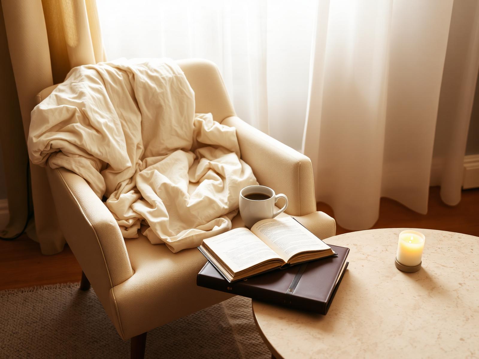 A soft throw draped on a cream armchair with a coffee mug and journal
