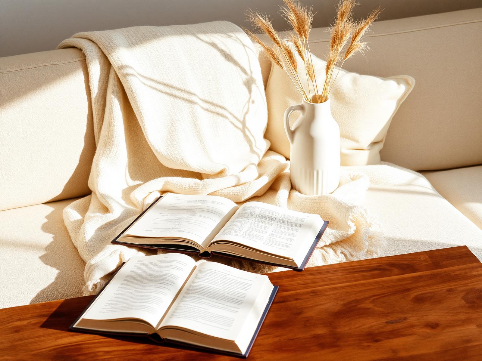A linen blanket on a cream sofa with an open book and dried grasses