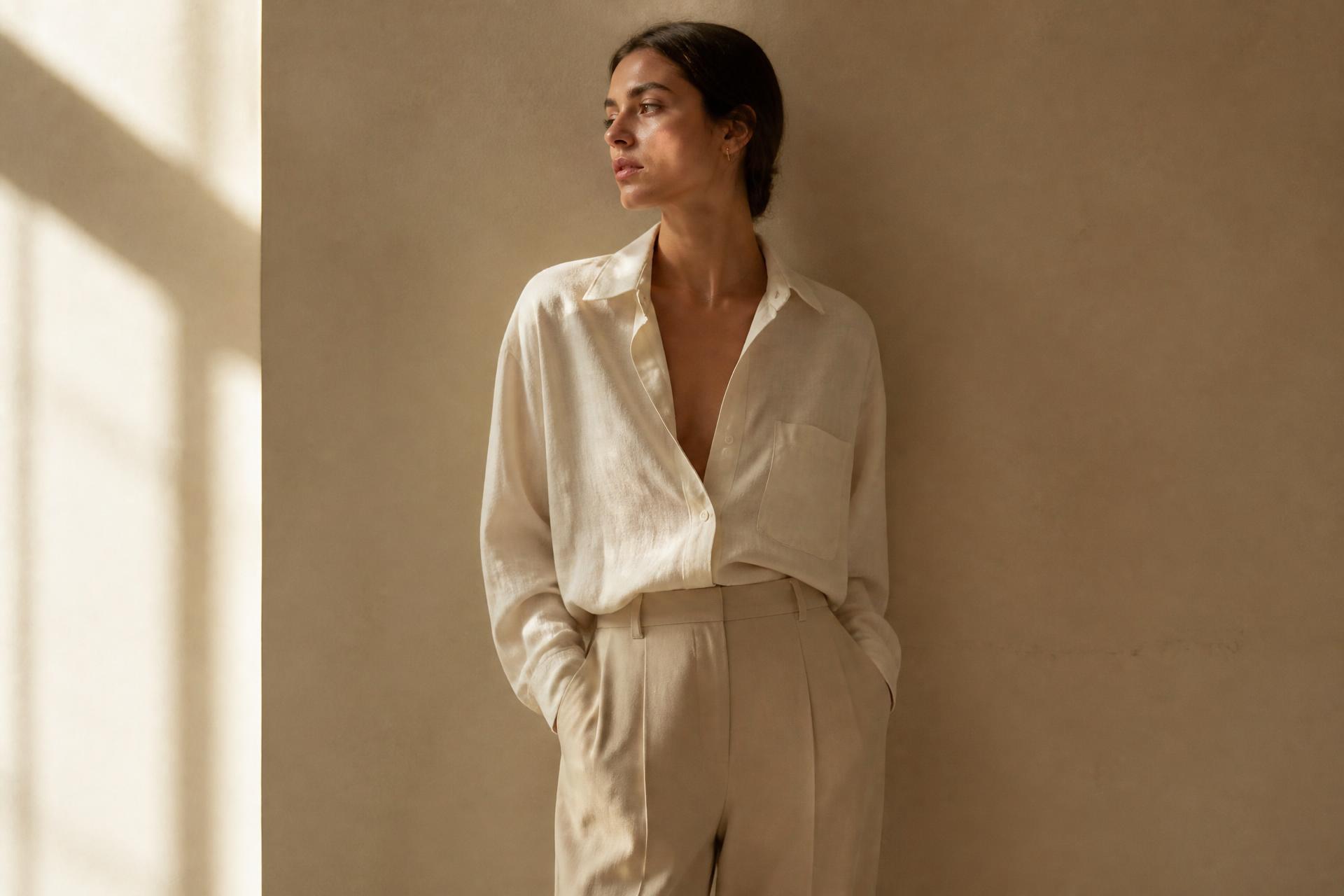 A model in soft linen looking toward window light
